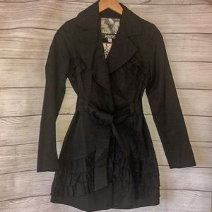 Kensie Black Trench Coat with Ruffles Size XS